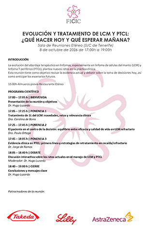 Programa de la reuni&oacute;n sobre evoluci&oacute;n y tratamiento del linfoma de c&eacute;lulas del manto y linfoma T perif&eacute;rico en Tenerife